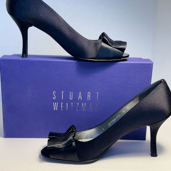 Stuart Weitzman Midnight Satin Peep-Toe Heels - Picture 1 of 6